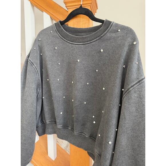 Lazy Sunday dark heather gray jeweled studded cropped crew sweatshirt SIZE L - Picture 4 of 9